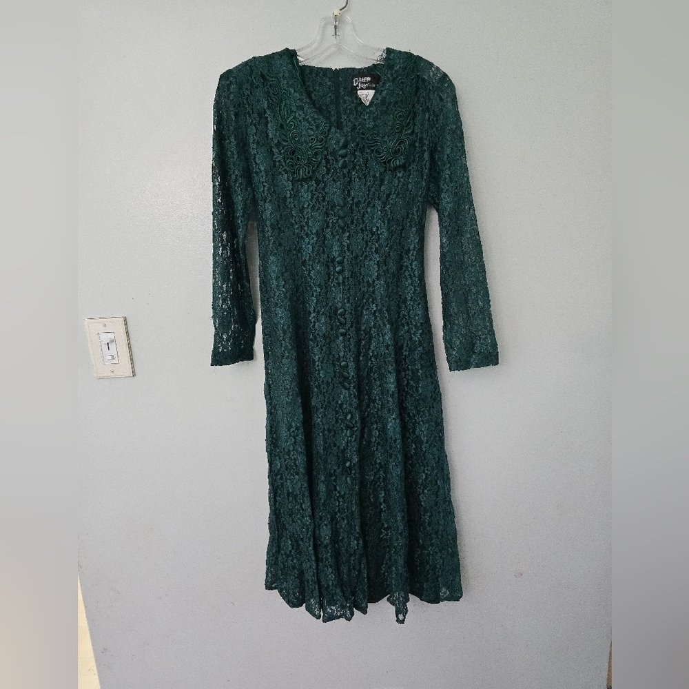 Dawn Joy Fashion Dress Size 6P Petite Green Lace Midi Women Dress USA Made